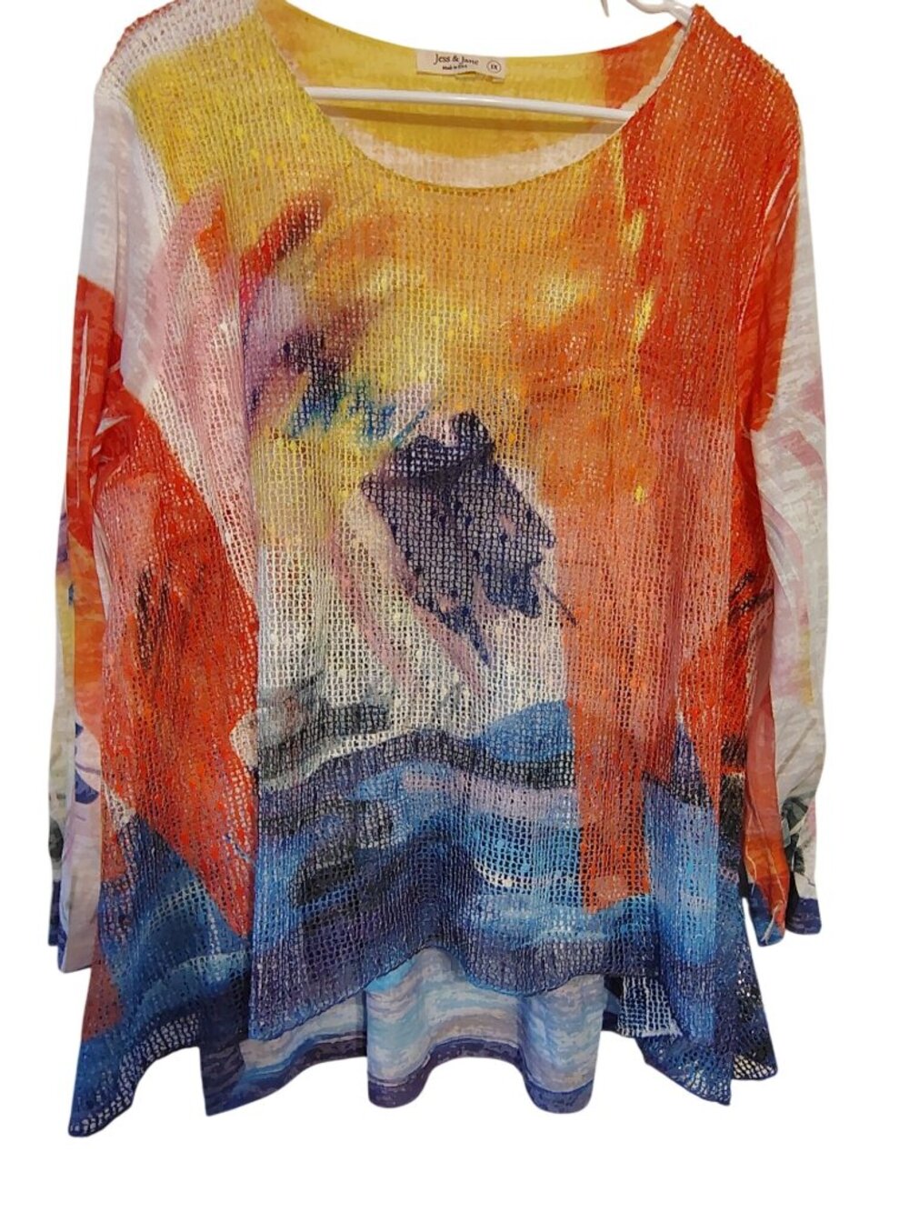 Jess & Jane 1x Tunic Top Abstract Colorful Print Lagenlook, Loose Knit, Artsy